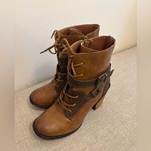 Pierre Dumas Side Buckle Two Tone Brown Lace Up Heeled Boots Womens Size 8.5
